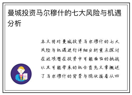 曼城投资马尔穆什的七大风险与机遇分析