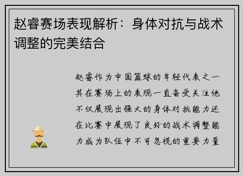 赵睿赛场表现解析：身体对抗与战术调整的完美结合