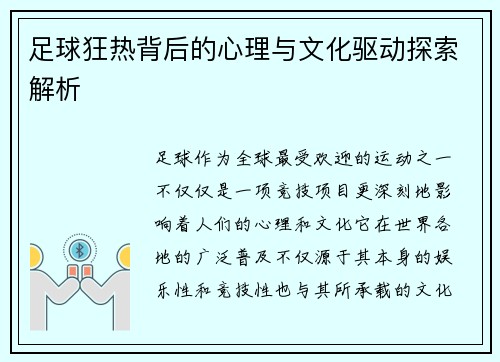 足球狂热背后的心理与文化驱动探索解析